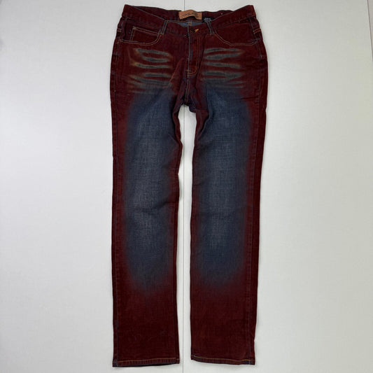 Y2K vintage faux suede jeans denim straight leg blue burgundy contrast stitch