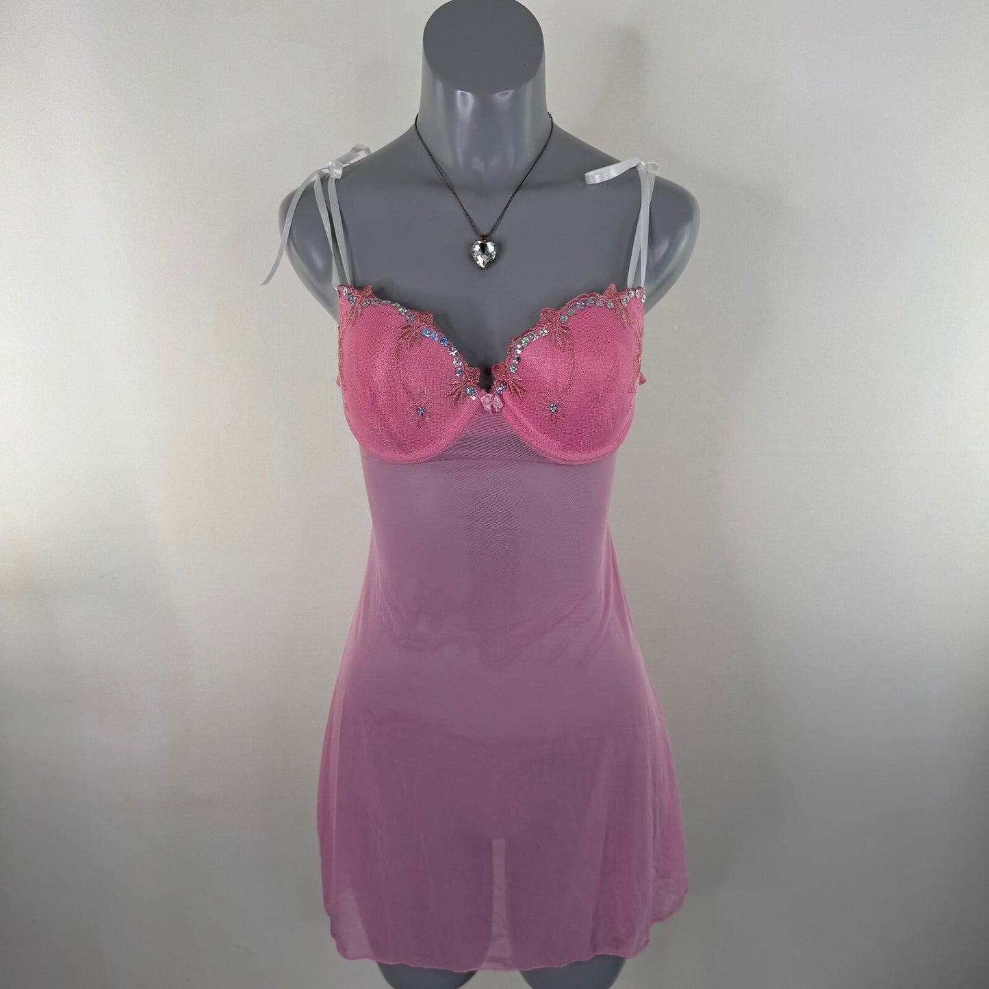 Y2K vintage mesh babydoll sequin floral embroidered mini dress sheer bow