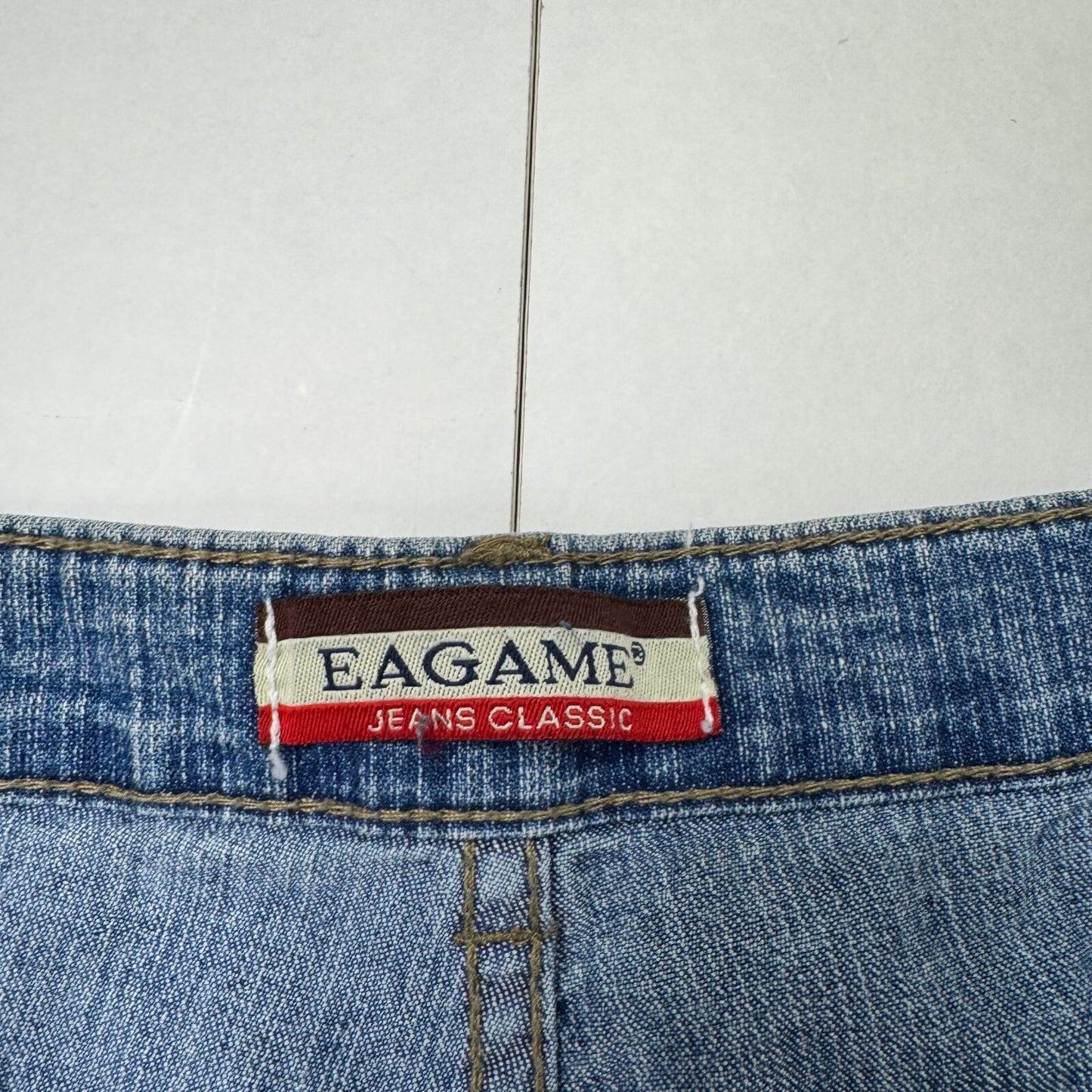 Y2K vintage bootcut denim jeans stretchy rhinestone embroidered faded mid blue