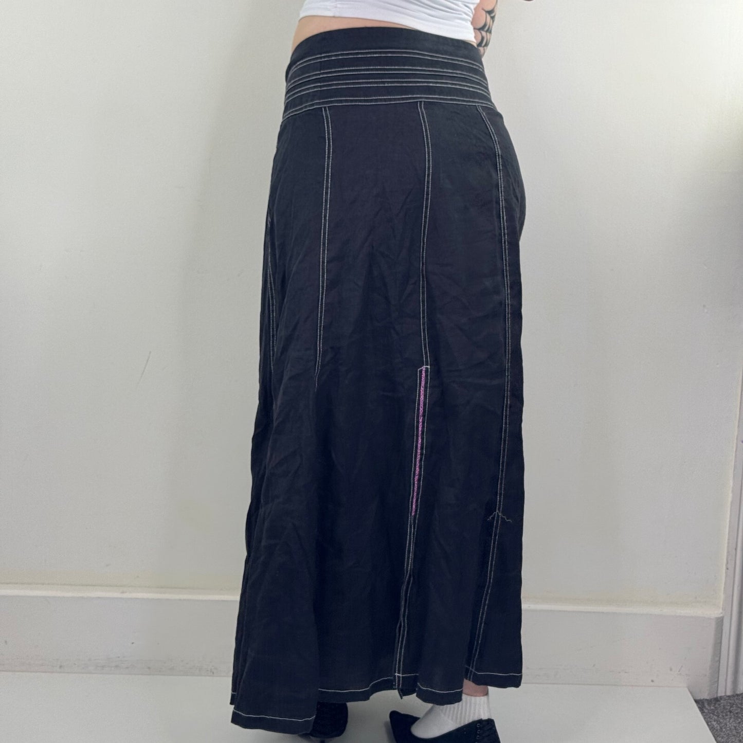 Y2K vintage 100% linen maxi skirt a line archive contrast stitch buckle