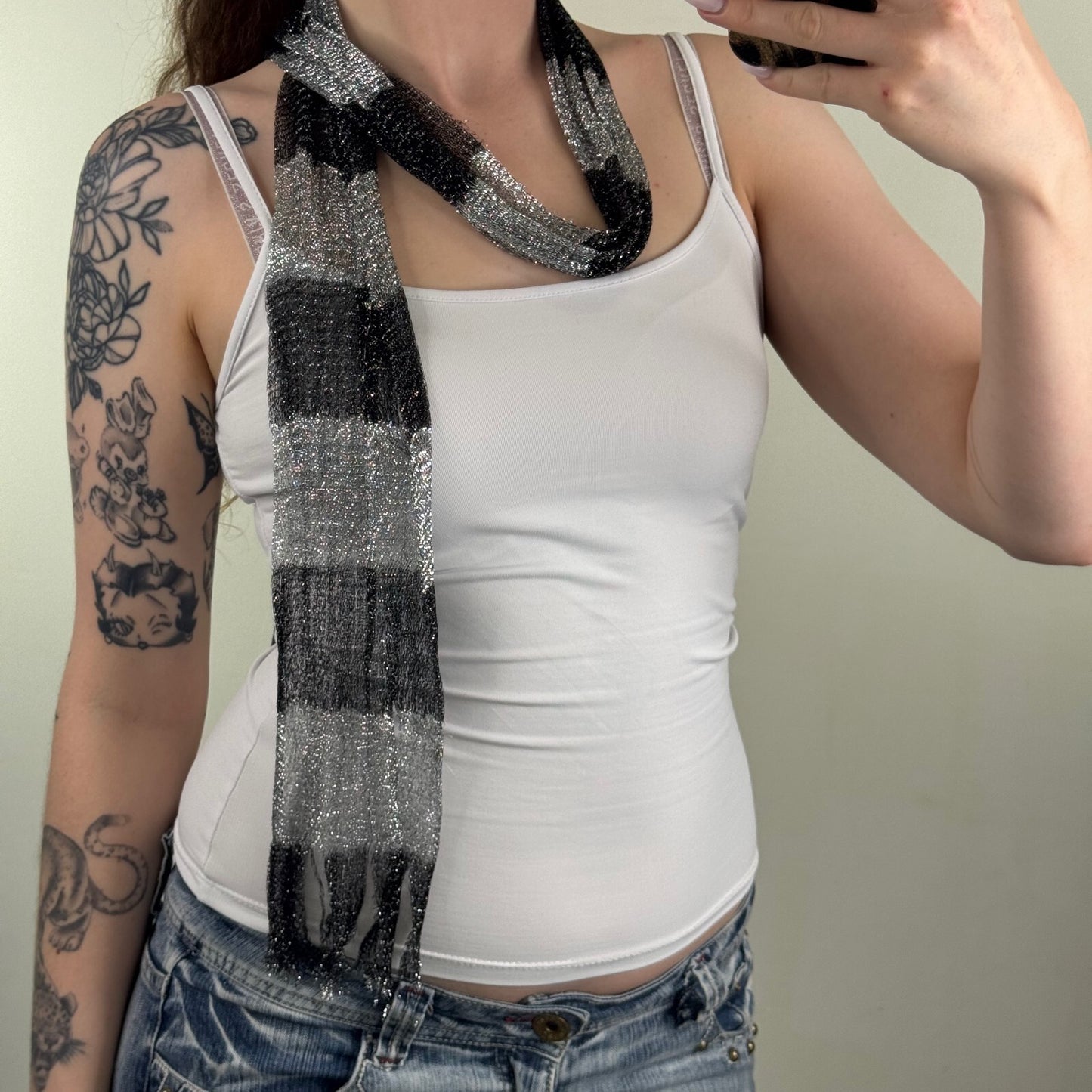 Y2K vintage scarf grey black stripe sparkly skinny thin mesh glitter