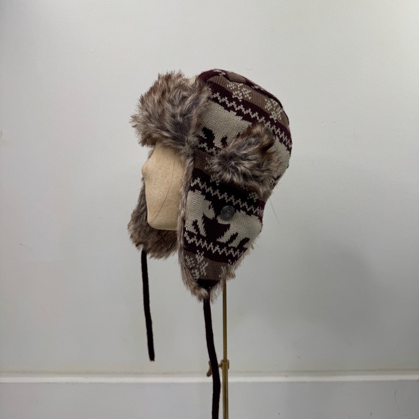 Y2K vintage trapper hat faux fur trim bear knit pattern snowflake aztec unisex
