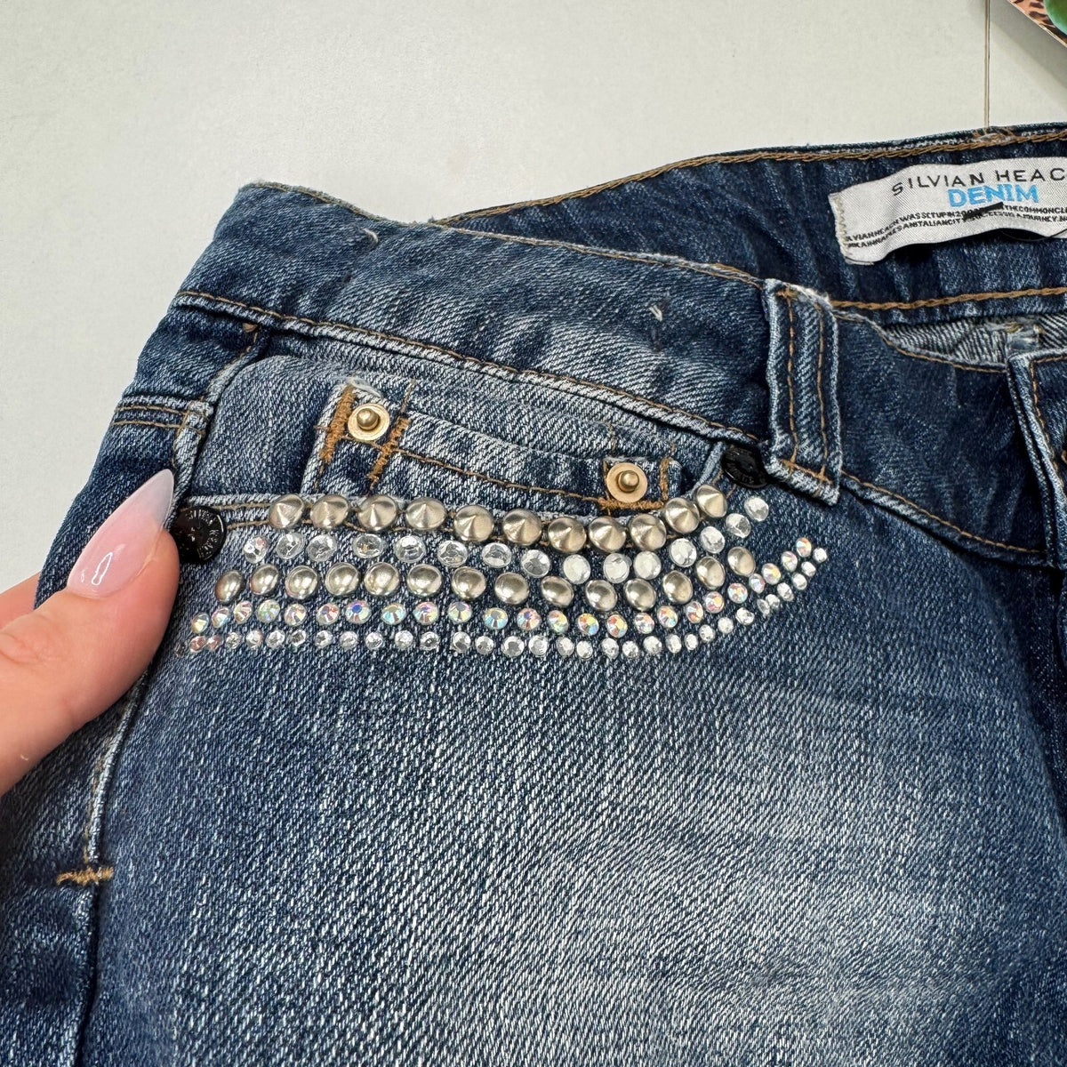 Vintage Y2K low rise denim mini shorts studded rhinestone dark faded wash