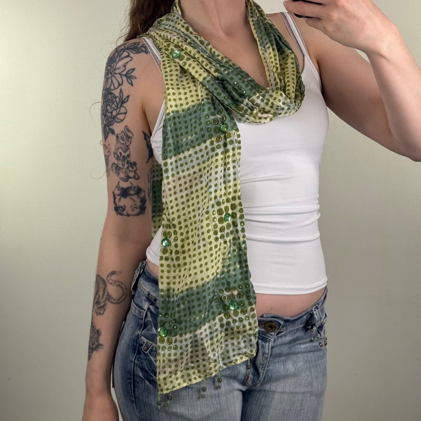 Y2K vintage Per Una scarf 100% silk polka dot sequin green stripe ombre