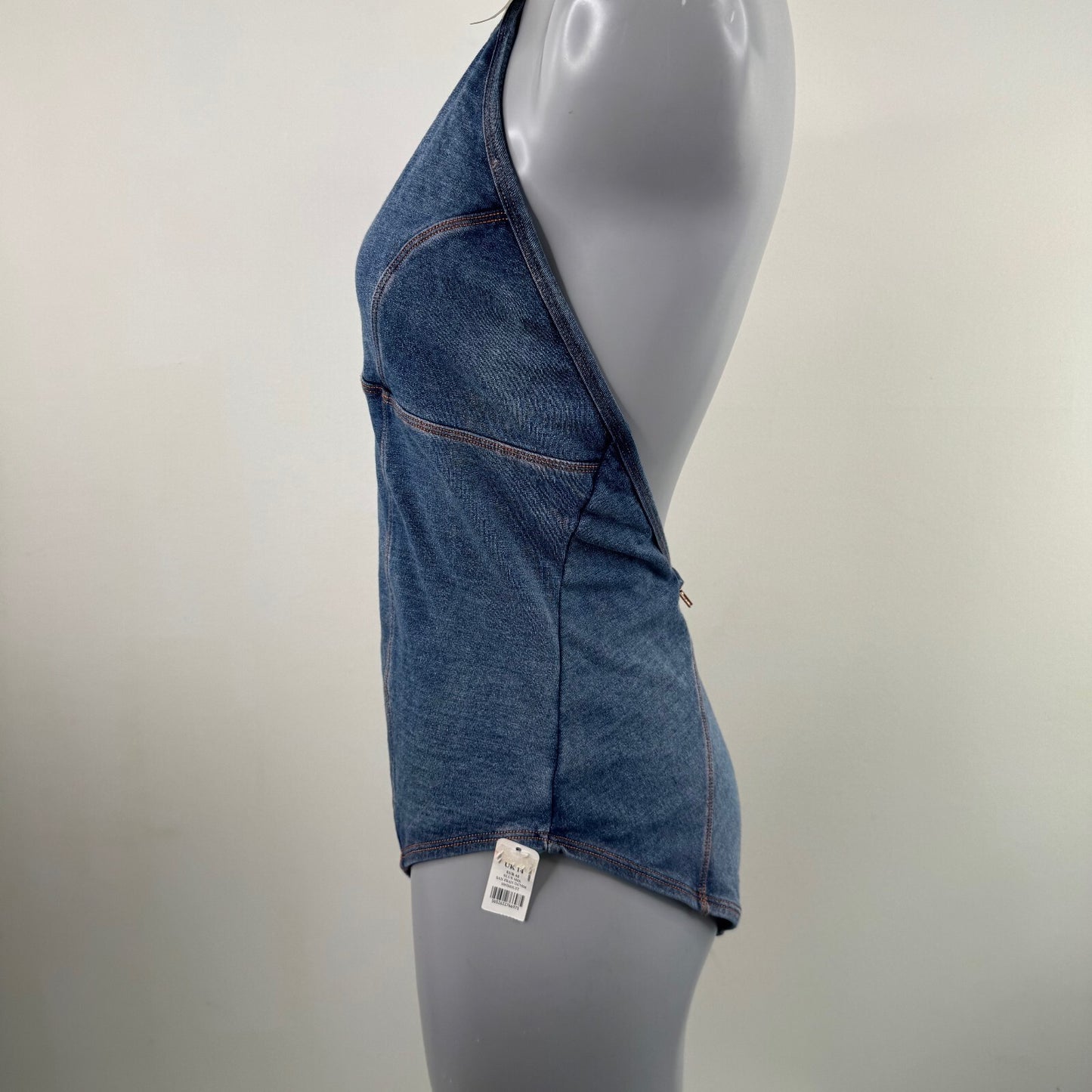 Y2K vintage denim style swimsuit halter neck bow low back blue one piece swim