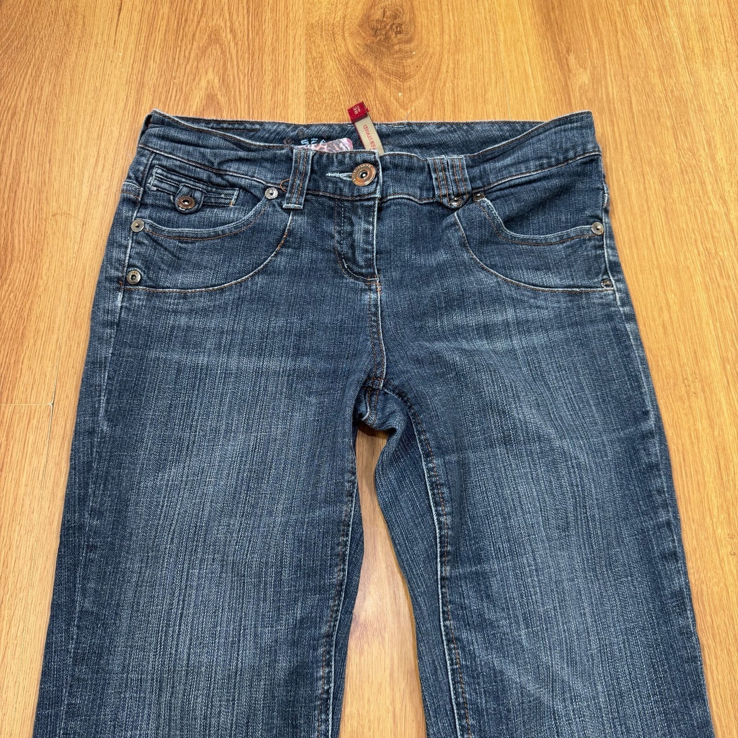 Y2K vintage bootcut denim jeans low rise dark faded wash studded embroidered