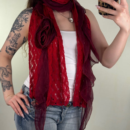 Y2K vintage scarf rose knit frilly red burgandy