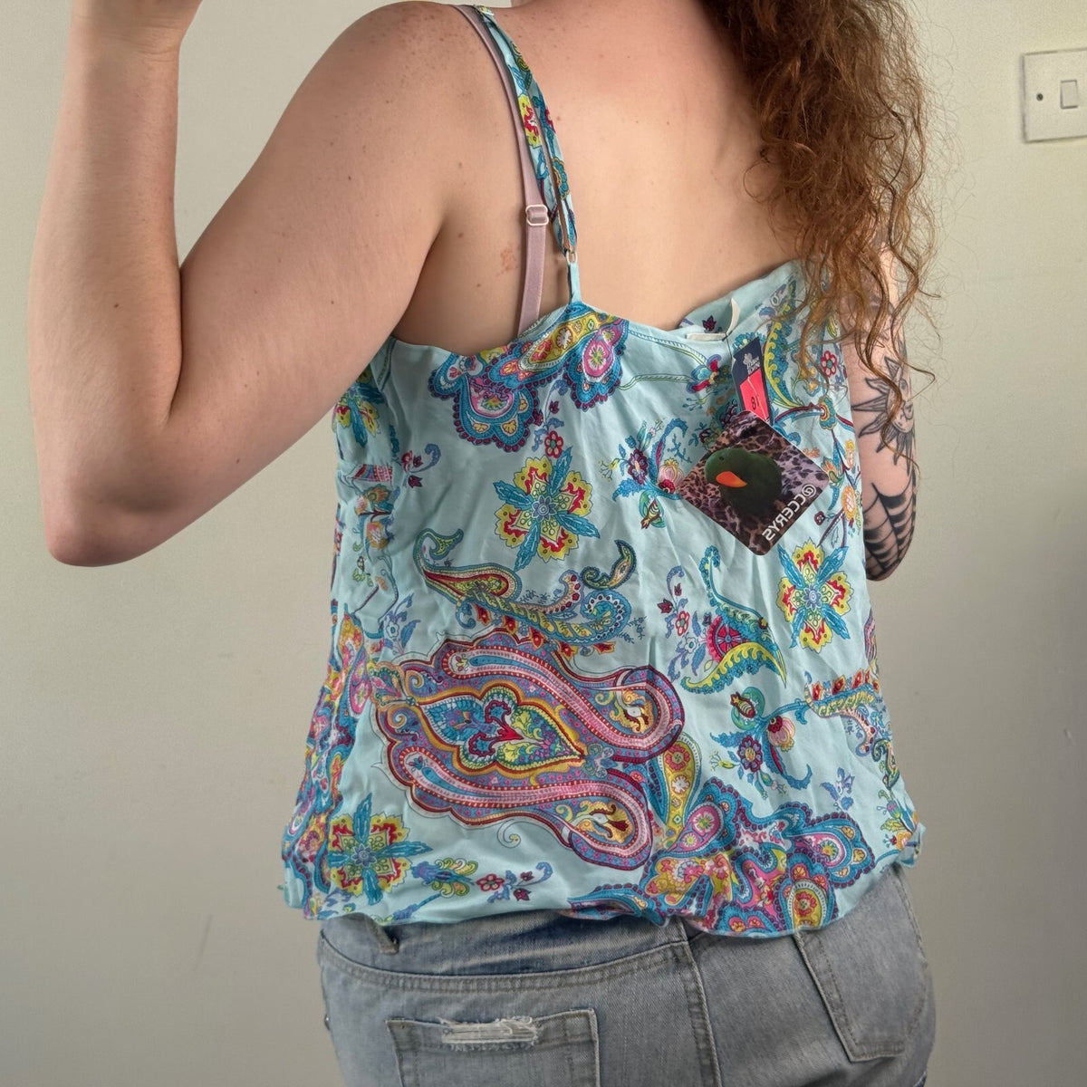 Y2K vintage paisley cami top ruffle multi light blue print v neck turquoise