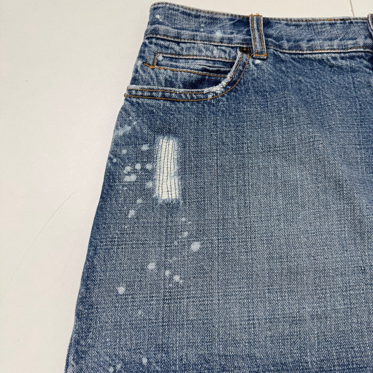 Y2K vintage mini skirt mid blue wash denim rhinestone distressed fraying hem