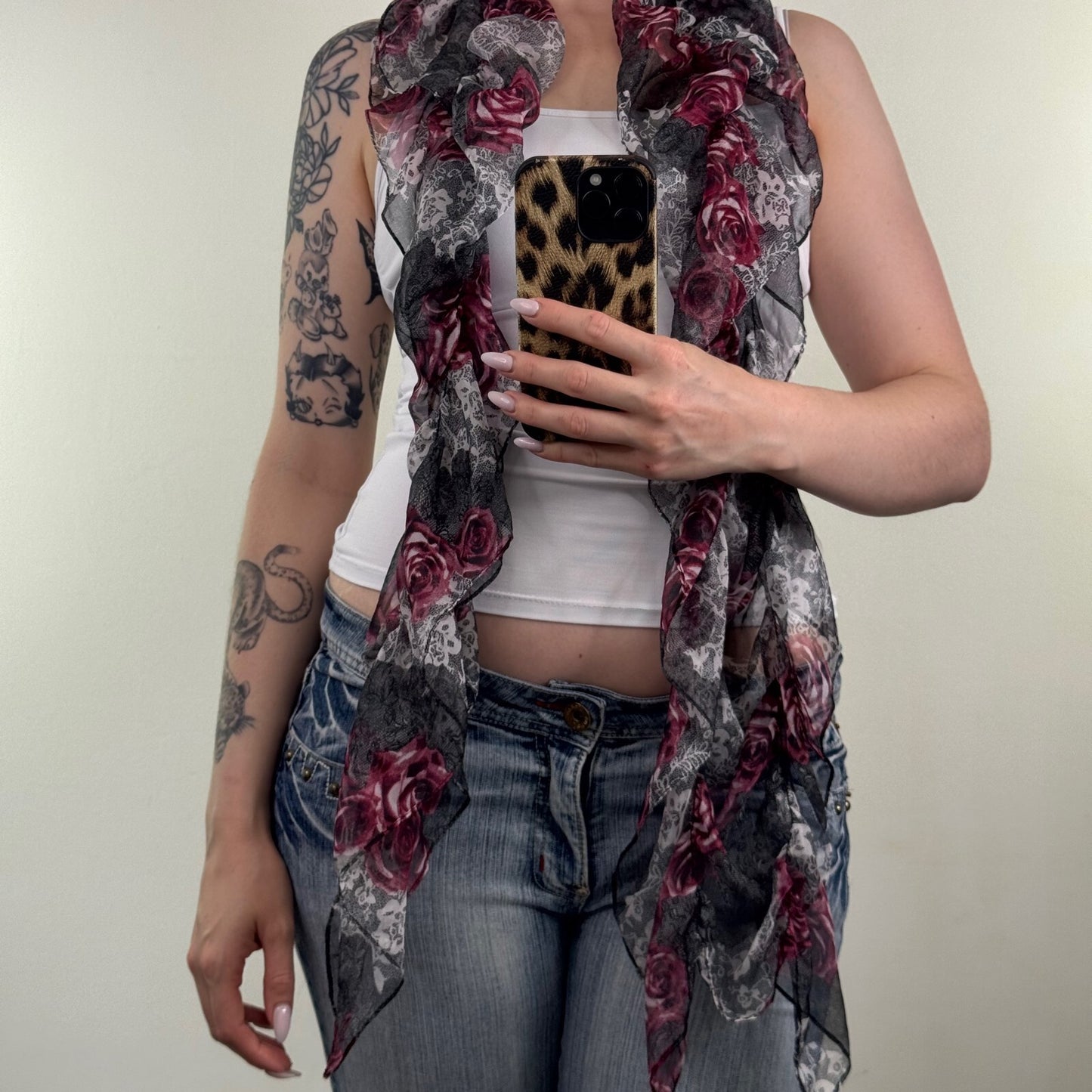 Y2K vintage scarf sheer rose floral lace pattern ruffle frill lightweight