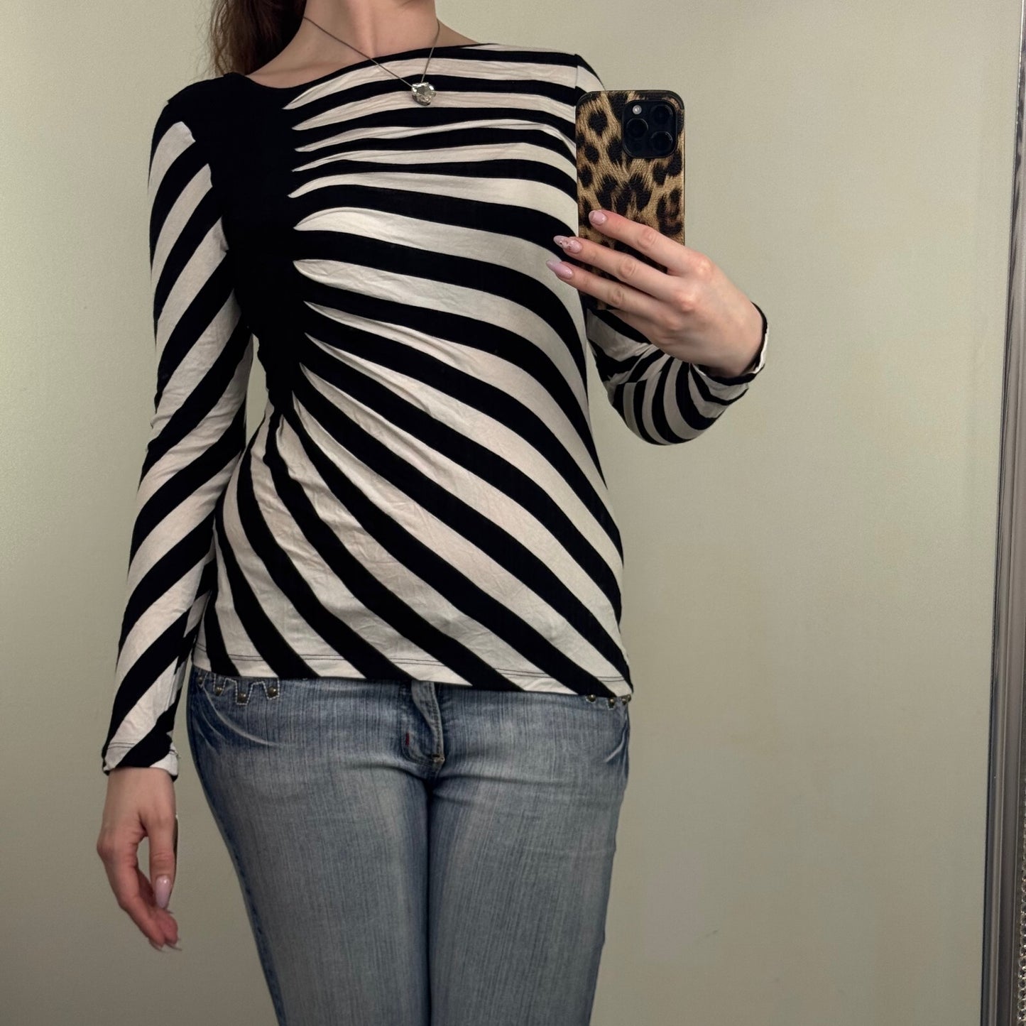 Y2K vintage long sleeve top stripe abstract high neck asymmetrical pattern