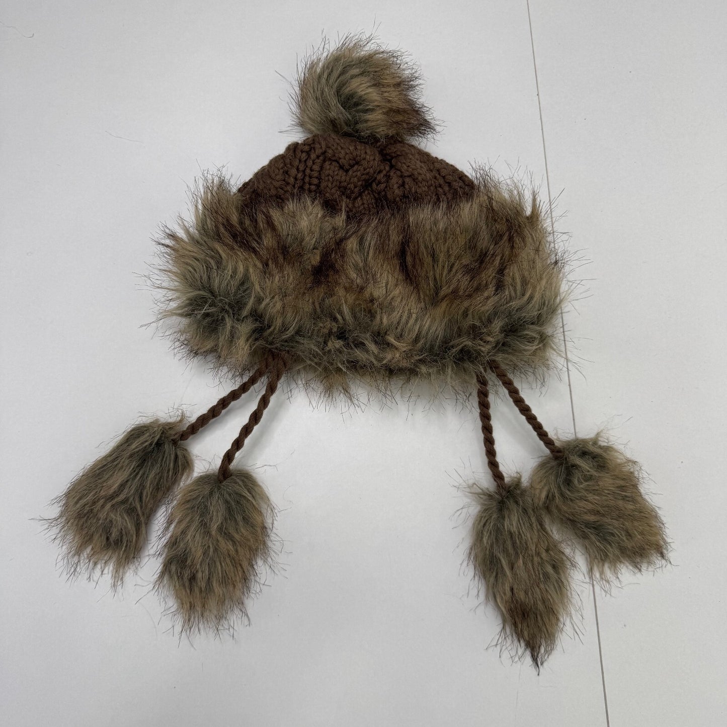 Y2K vintage trapper hat faux fur pom poms cable knit brown unisex