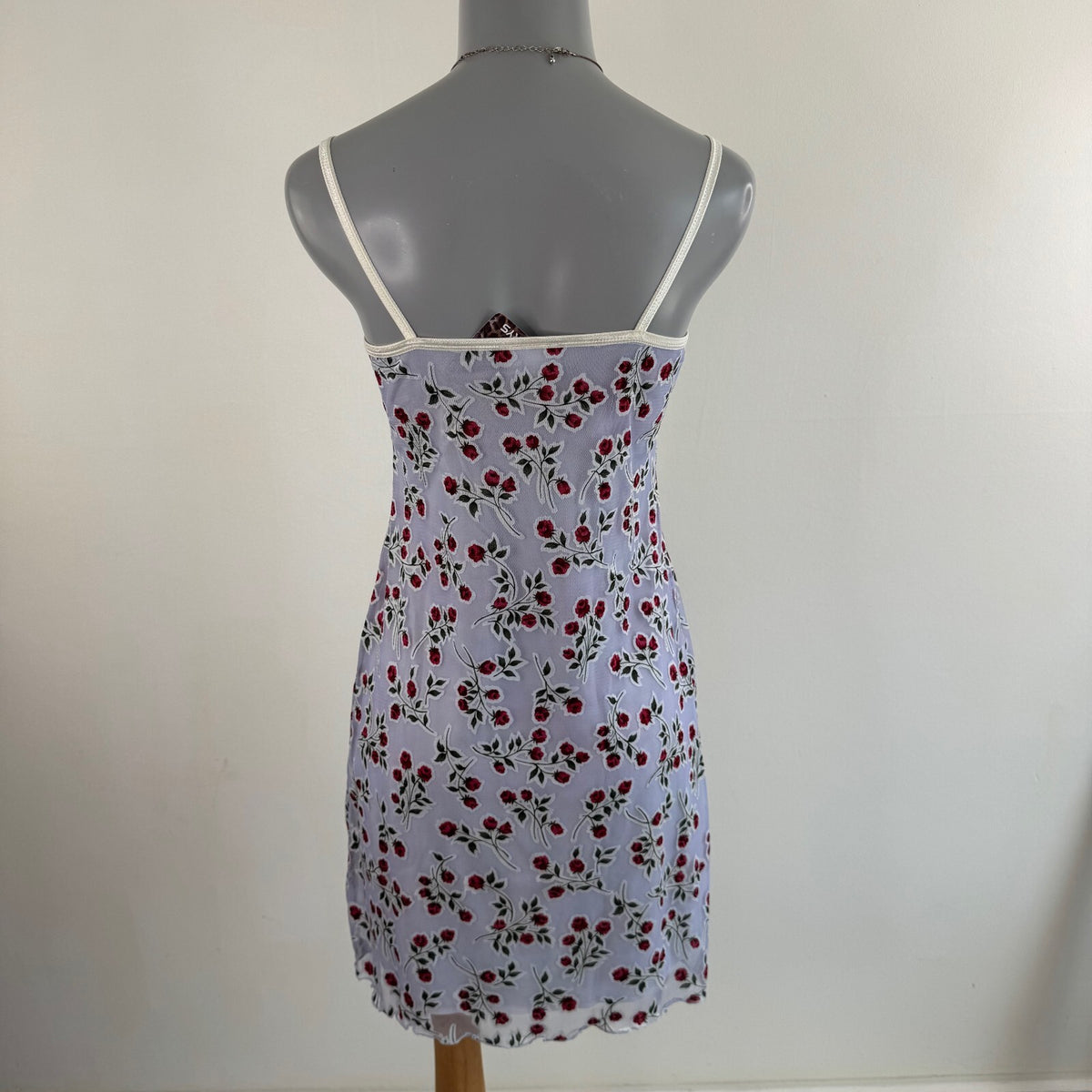 Y2K vintage mini dress floral rose pattern mesh overlay ruched bust stretchy