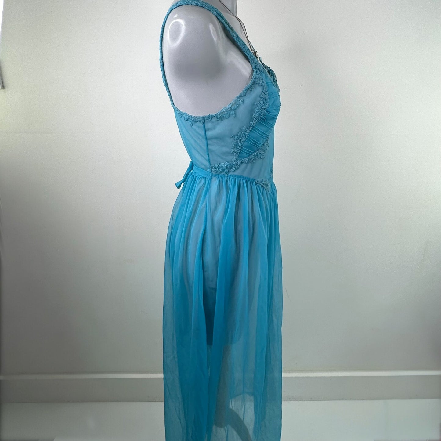 Vintage lingerie sheer maxi dress mesh lace trim bow coquette chiffon nightdress