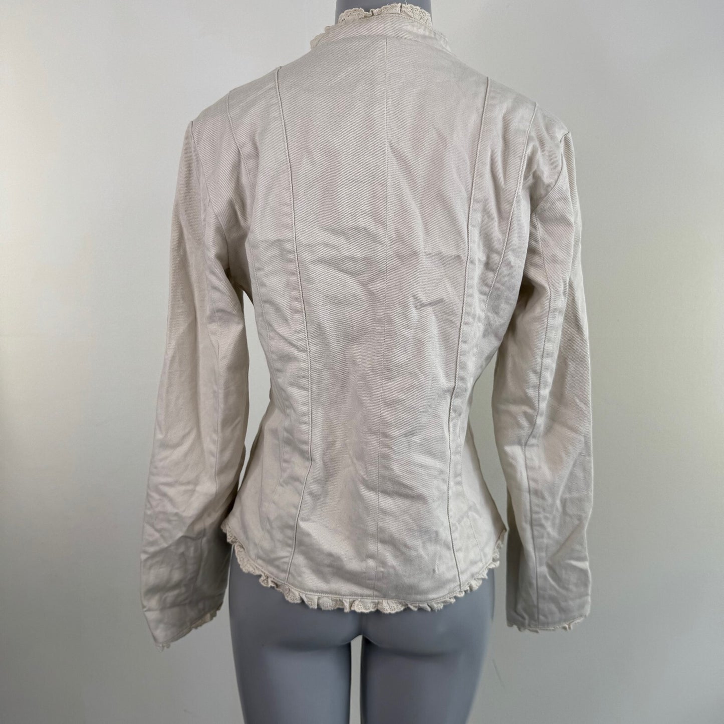 Y2K vintage military denim jacket hook and eye ruffle hem broderie anglaise