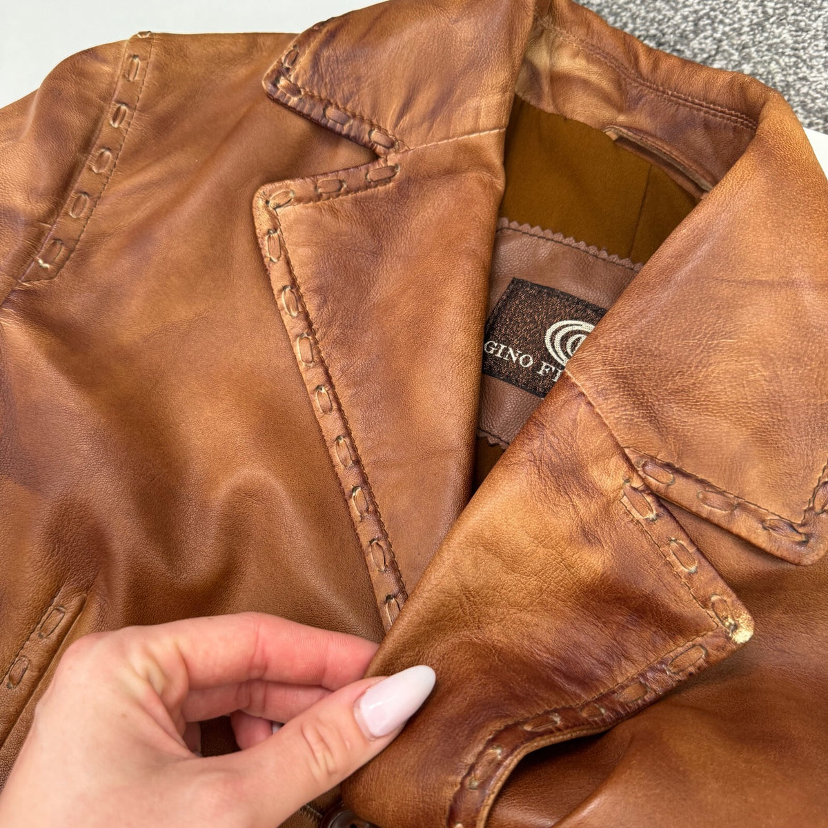 Y2K vintage genuine leather jacket button faded whipstitch burnished tan blazer