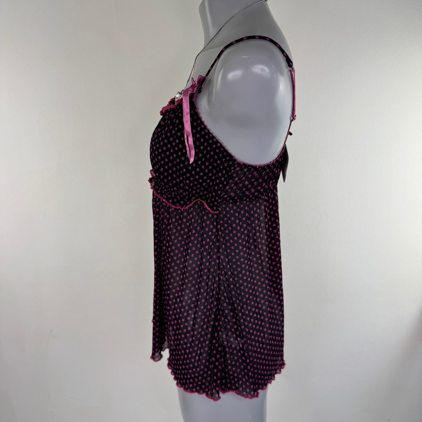 Y2K vintage mesh babydoll cami top hearts bow ruched bust sheer