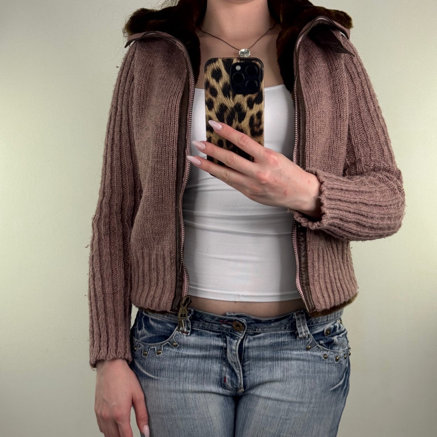 Y2K vintage Miss Sixty zip up jumper chunky knit wool high roll neck faux fur