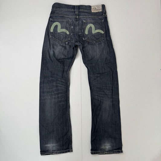 Y2K vintage Evisu x Puma bootcut jeans dark faded denim wash distressed
