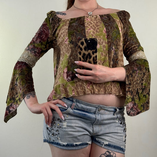 Y2K vintage Morgan de Toi flare sleeve top fairy boho patchwork leopard floral