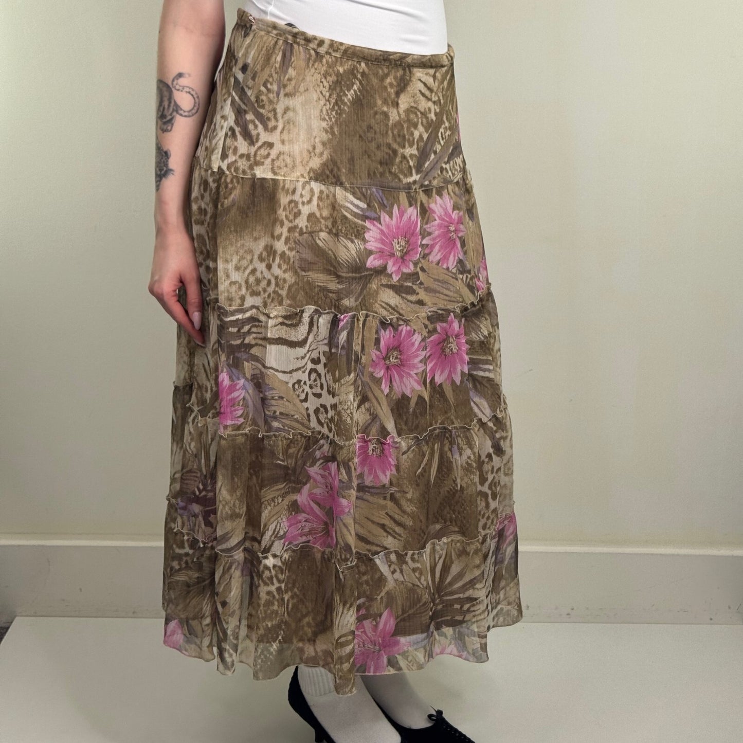 Y2K vintage maxi skirt a line lined floral leopard print tiered boho summer