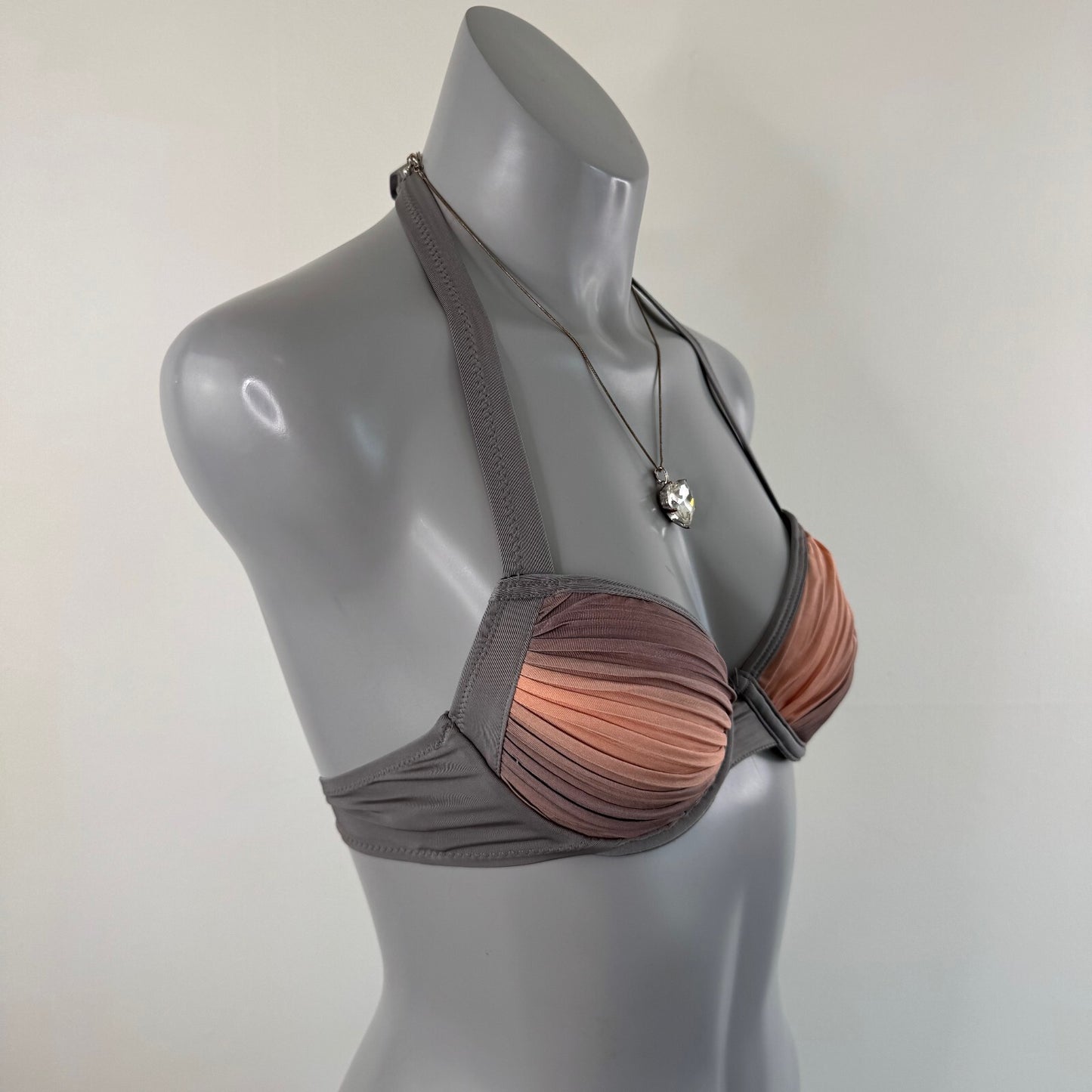 Y2K vintage bikini top halter neck ruched ombre pink grey tie bow