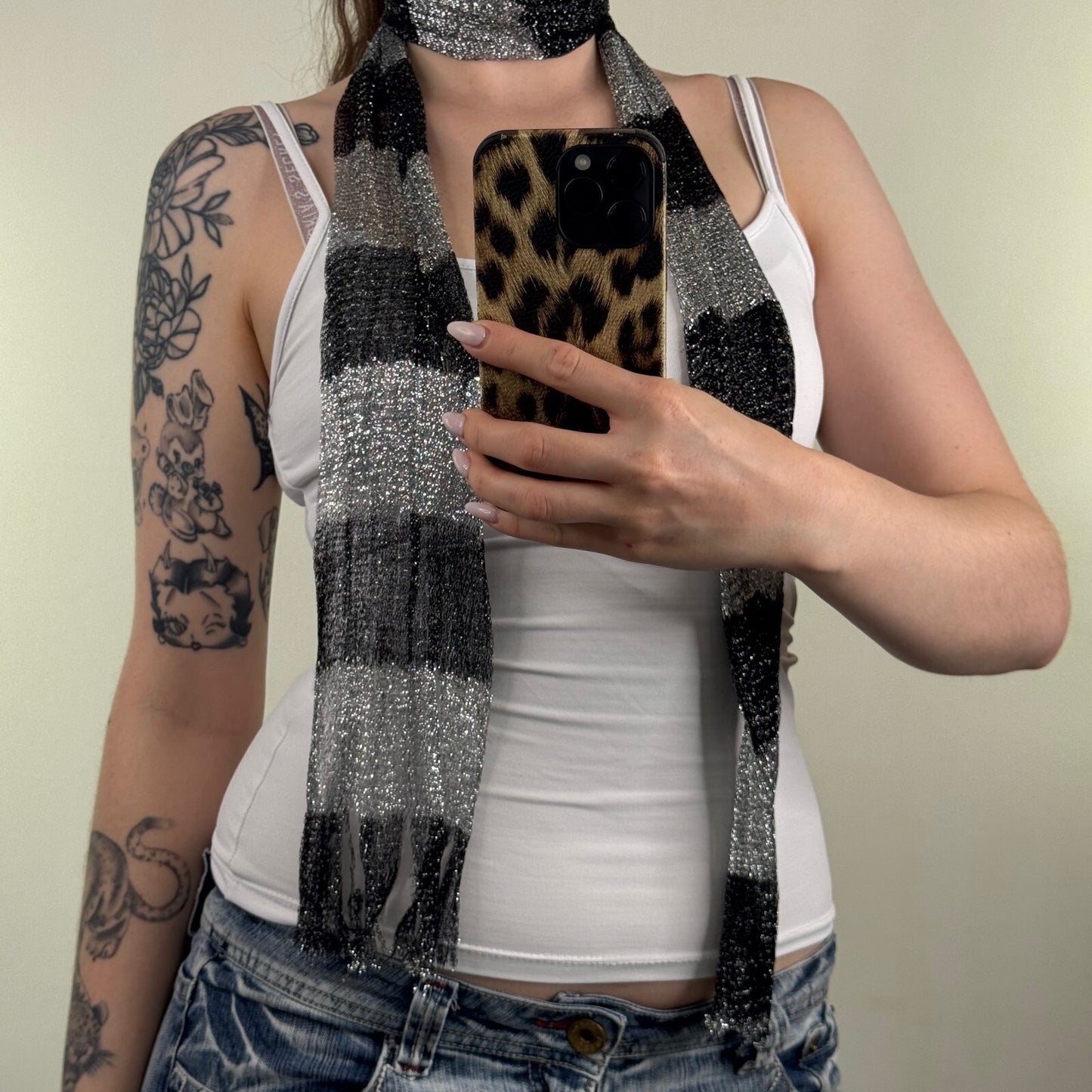 Y2K vintage scarf grey black stripe sparkly skinny thin mesh glitter