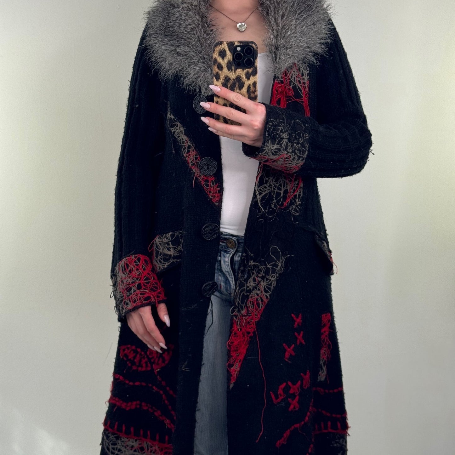 Y2K vintage cardigan wool blend chunky knit faux fur trim collar long floral