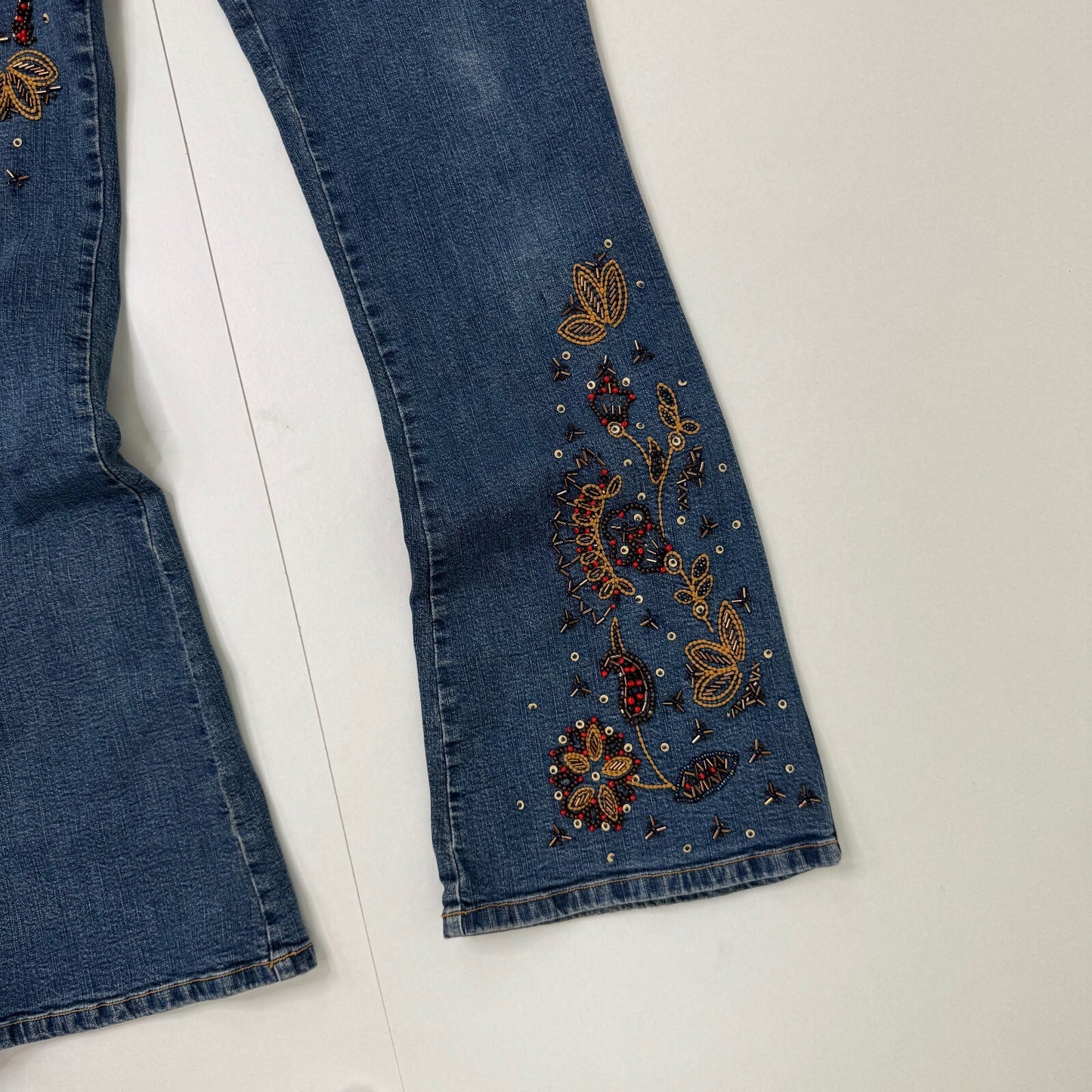 Y2K vintage bootcut denim jeans mid rise embroidered beaded sequin boho