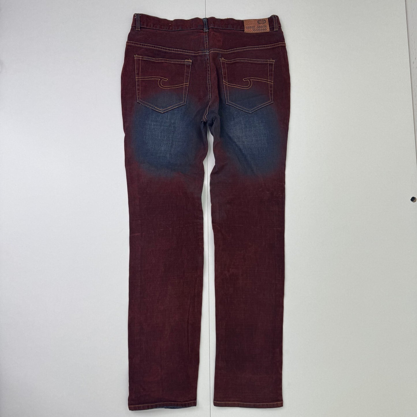 Y2K vintage faux suede jeans denim straight leg blue burgundy contrast stitch
