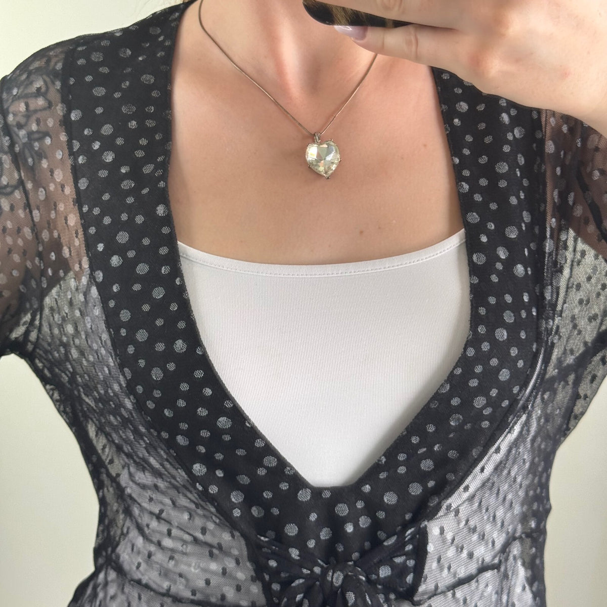 Y2K vintage Per Una top mesh sheer v neck bow stretchy polka dot long sleeve
