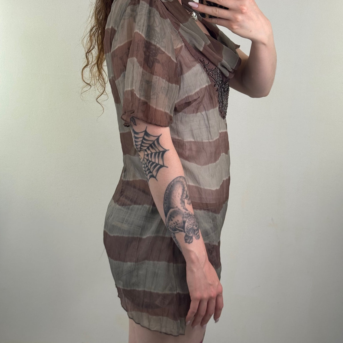 Y2K vintage blouse stripe boho cowl neck embellished sheer short sleeve