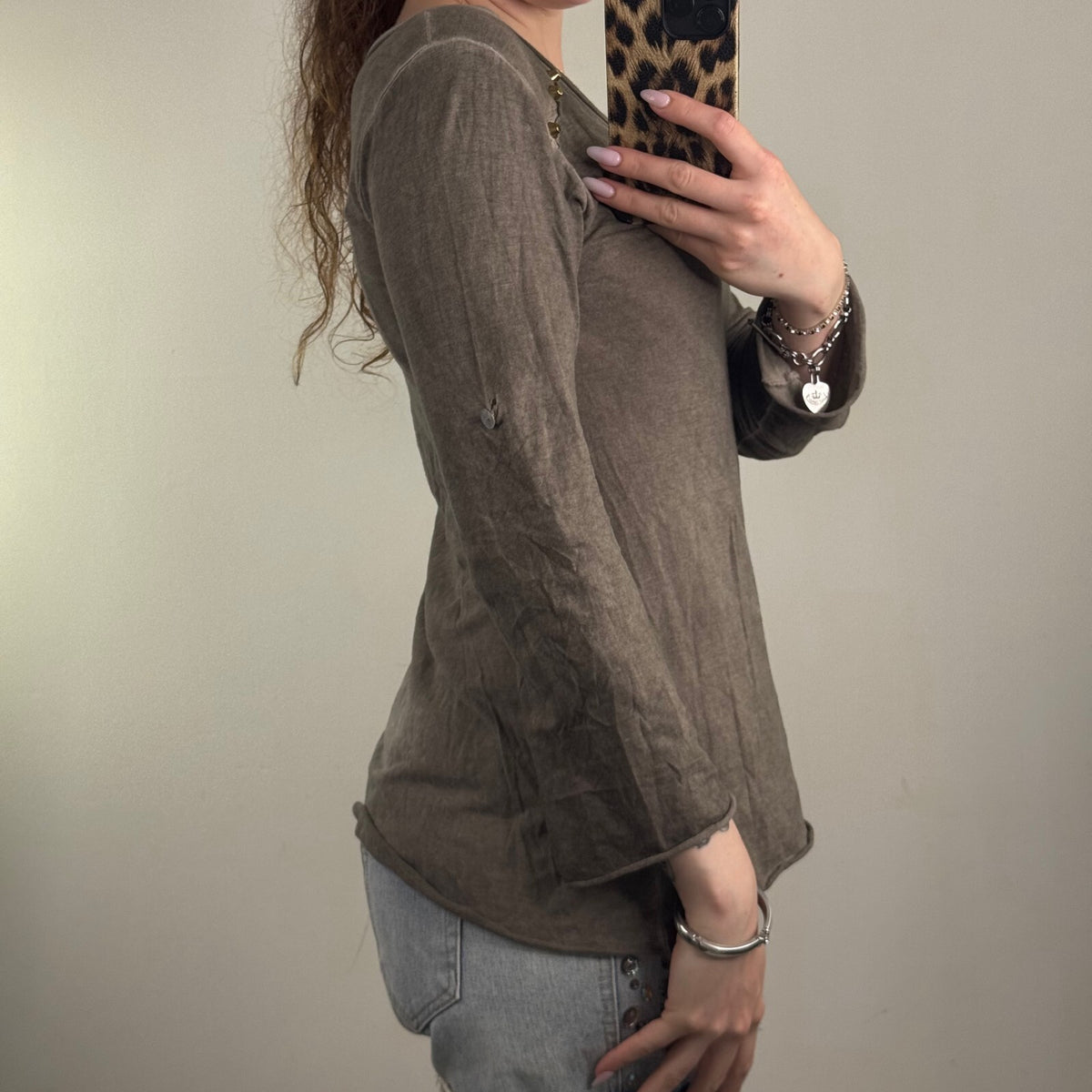Y2K vintage long sleeve top studded khaki rolled up scoop neck