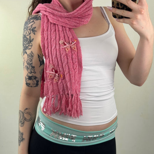 Y2K vintage scarf cable knit butterfly pink fringe wool/ angora blend