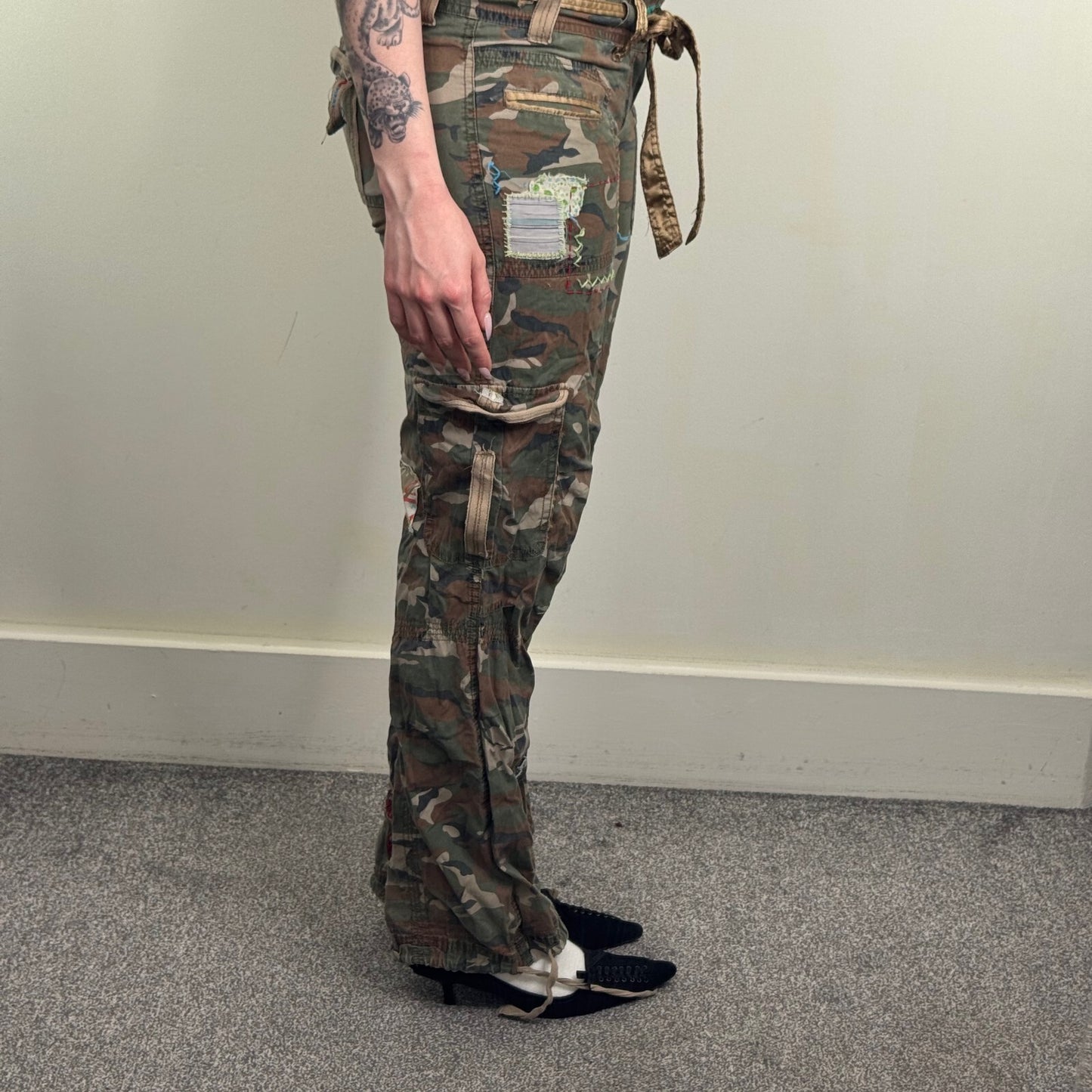 Y2K vintage Punkyfish cargo trousers baggy embroidered low rise camo patchwork