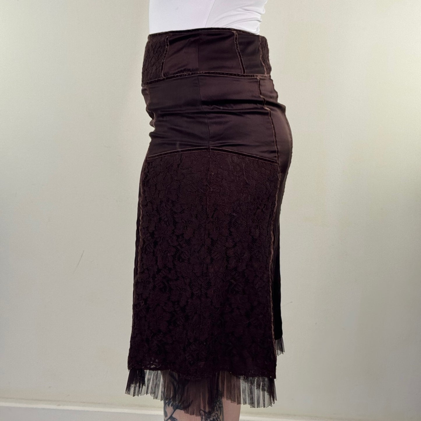 Y2K vintage Karen Millen midi skirt satin lace fairy boho mesh trim brown