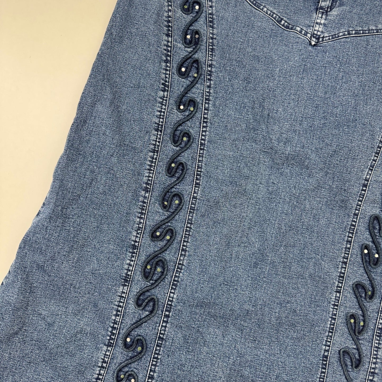 Y2K vintage maxi skirt denim rhinestones stretchy a line embroidered pattern