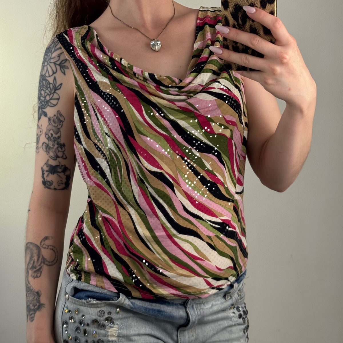 Y2K vintage tank top swirly cowl neck bow party shimmer multi going out