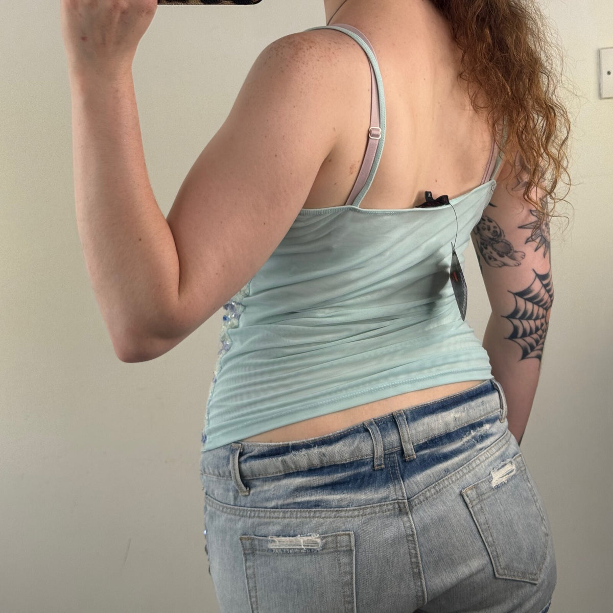 Y2K vintage cami top sequin tiger pattern mesh embellished party going out blue
