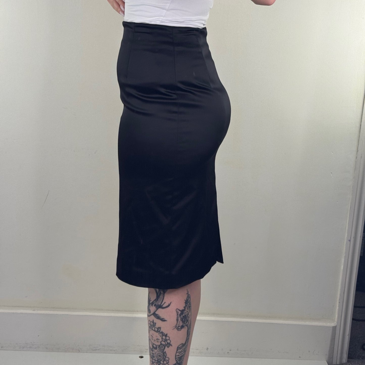 Y2K vintage satin midi skirt fitted tailored slit knee length formal high waist