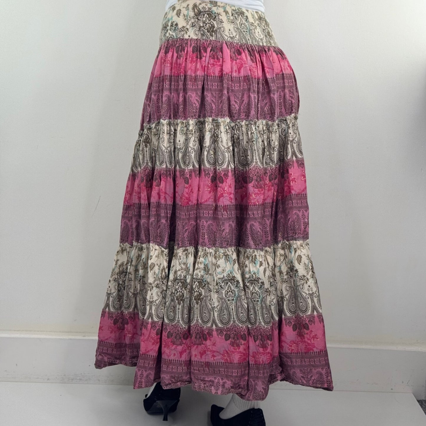 Y2K vintage maxi skirt boho patchwork tiered paisley floral pink cream purple