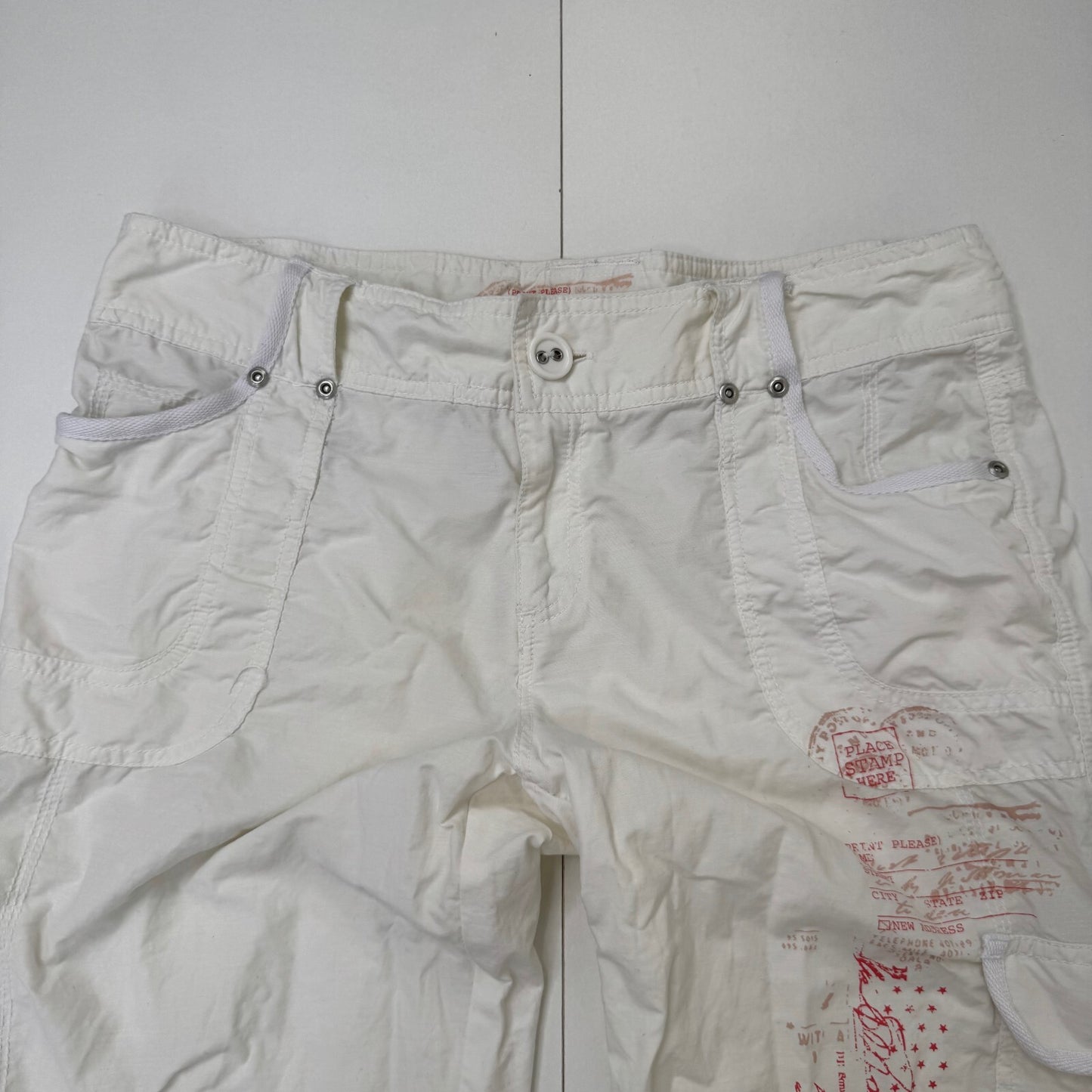 Y2K vintage capri trousers cropped baggy cargo white red graphic star low rise