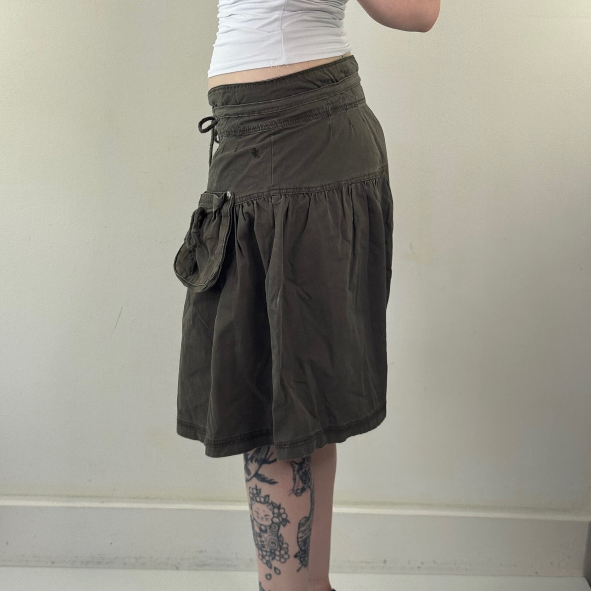 Y2K vintage midi skirt cargo a line pockets bow drawstring khaki utility