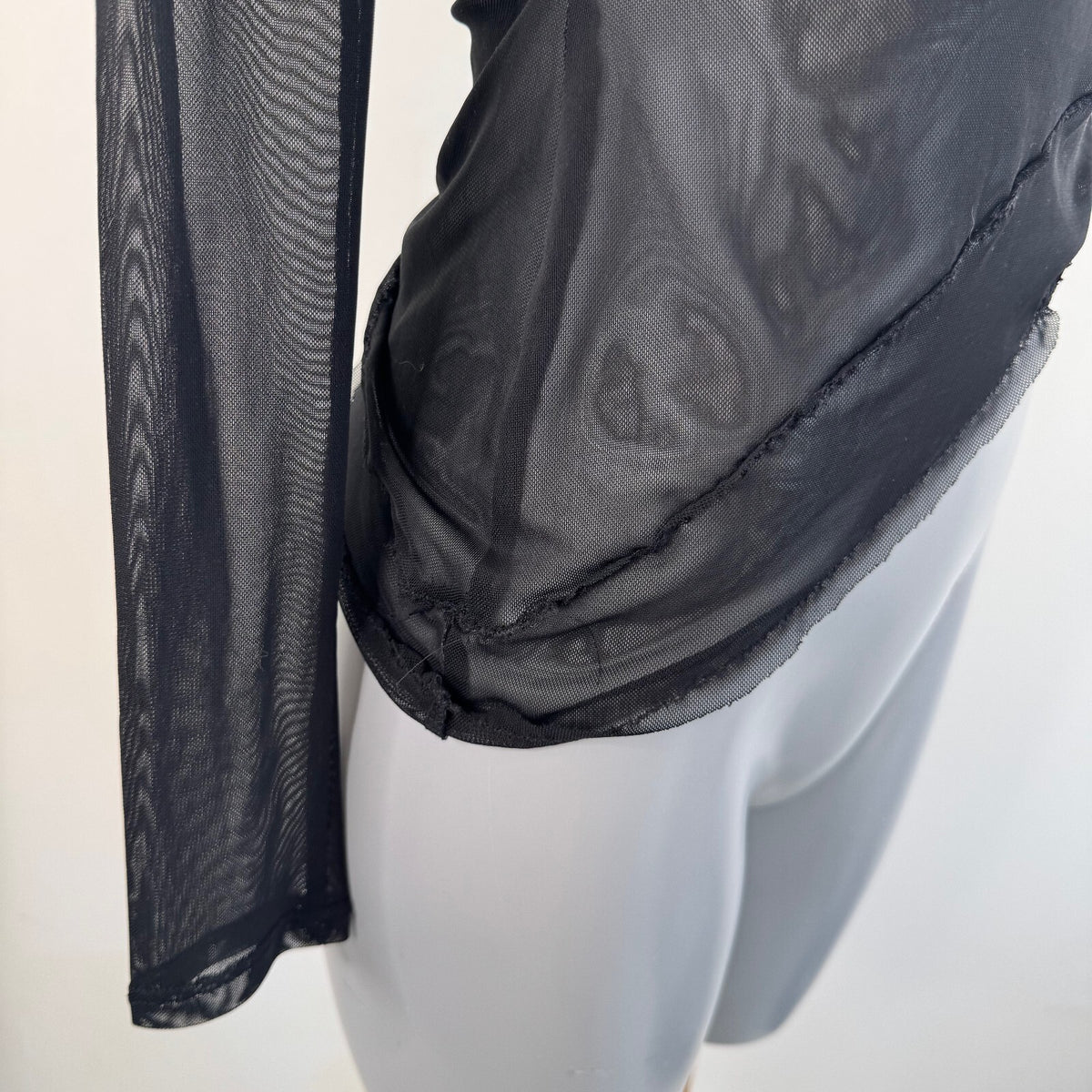 Y2K vintage long sleeve top mesh asymmetrical hem sheer stretchy fitted black