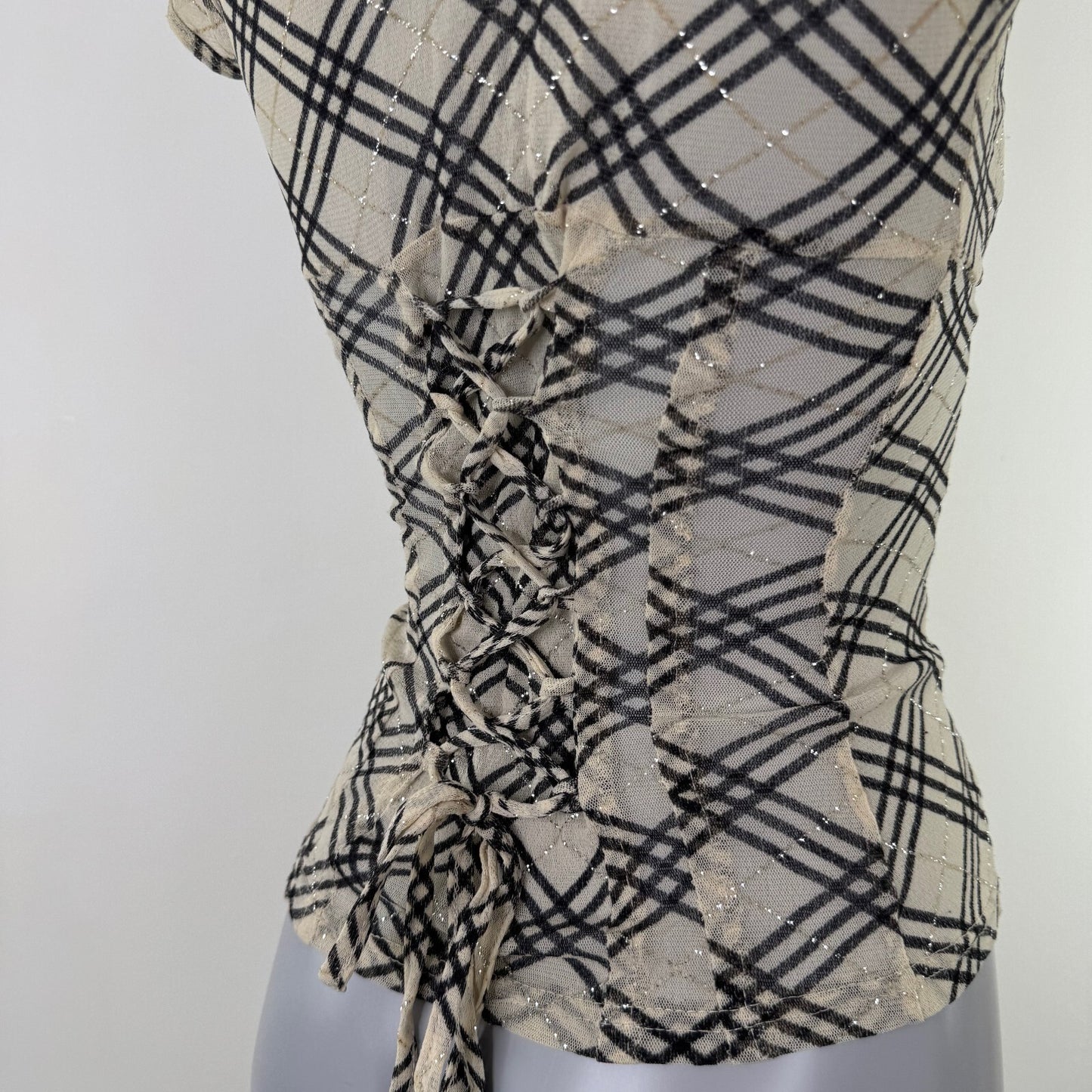 Y2K vintage Jane Norman short sleeve top mesh nova check sheer milkmaid lace up