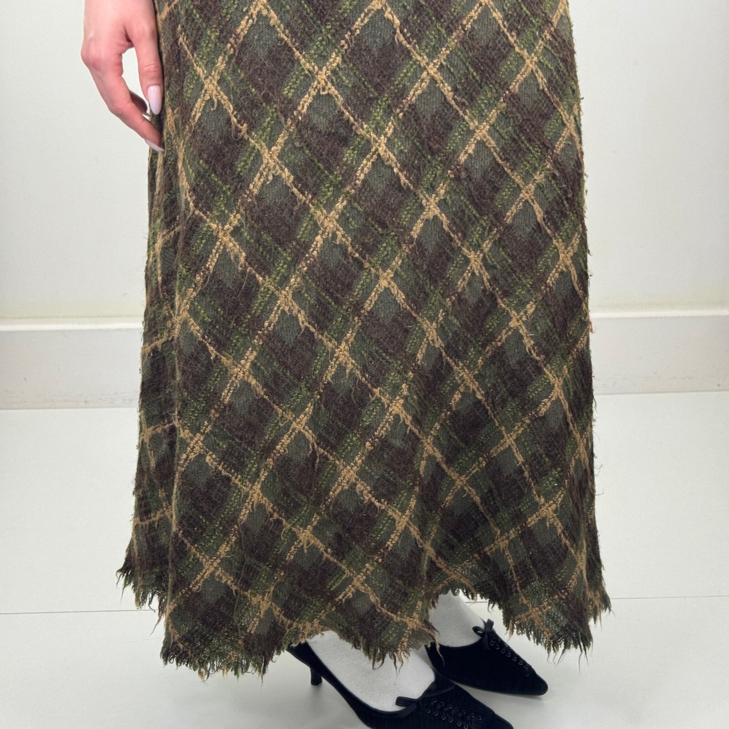 Y2K vintage Per Una maxi skirt tartan check wool blend dark green boho knit