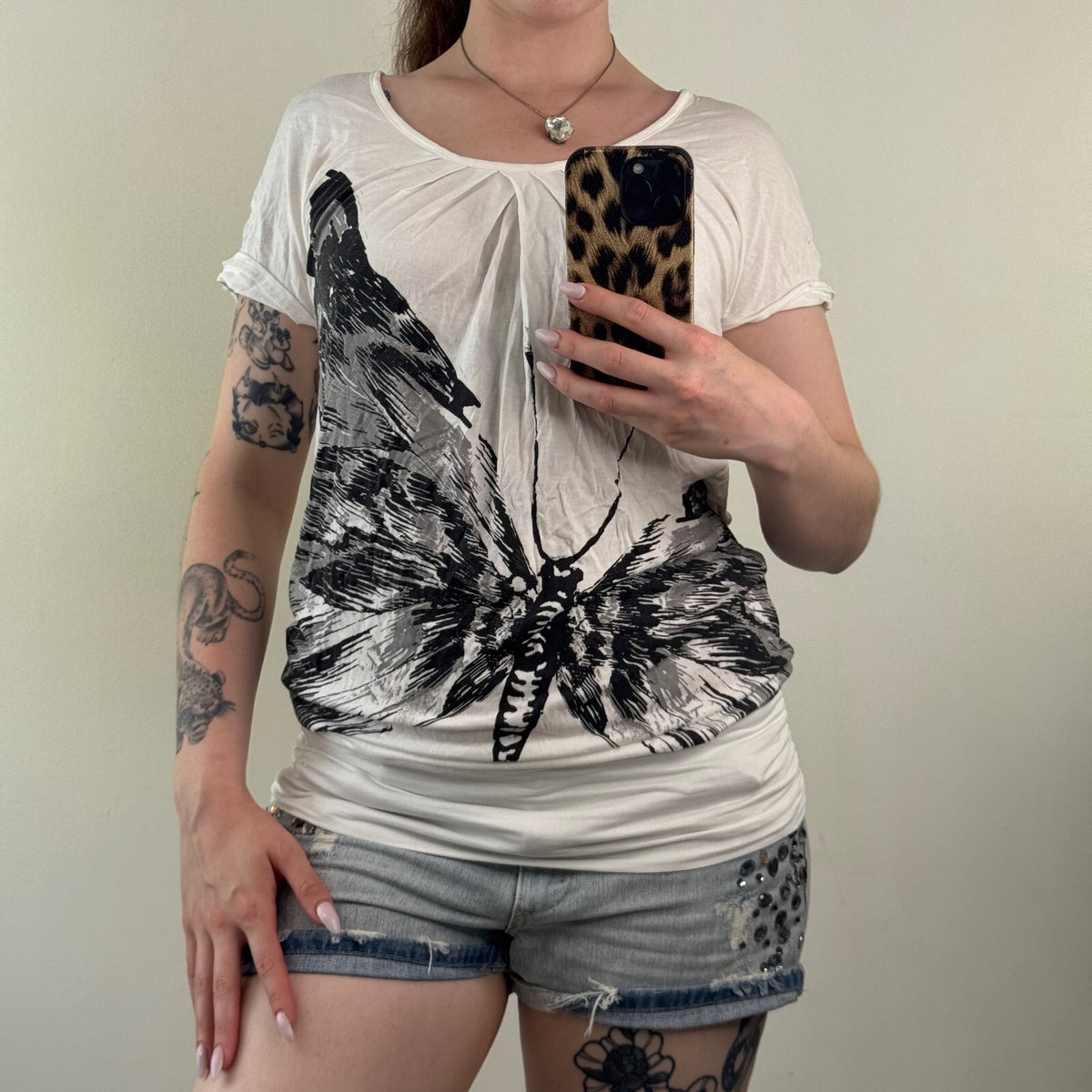 Y2K vintage t-shirt short sleeve top slouchy open back butterfly print ruched