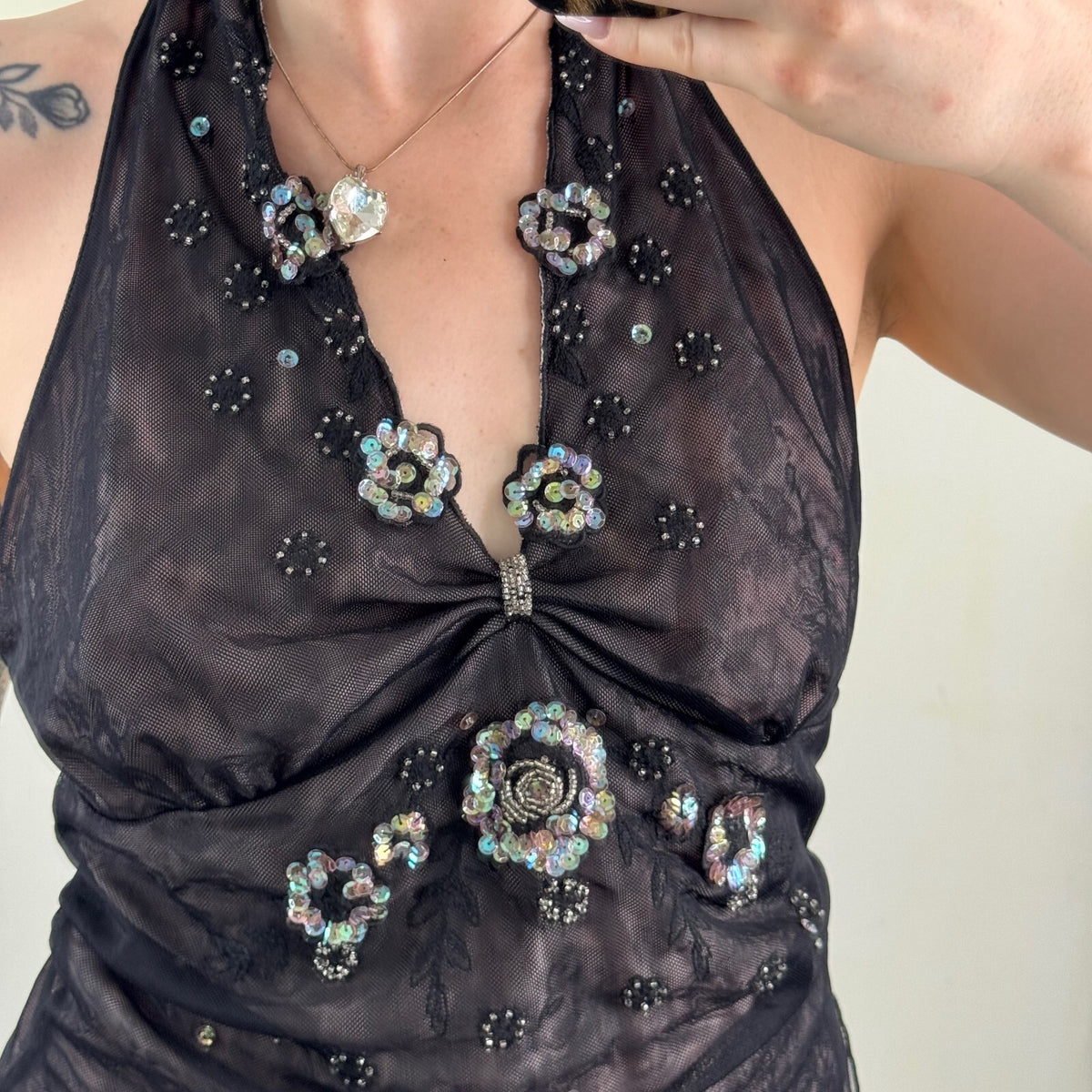 Y2K vintage halter neck top mesh floral sequin beaded embellished ruched v neck