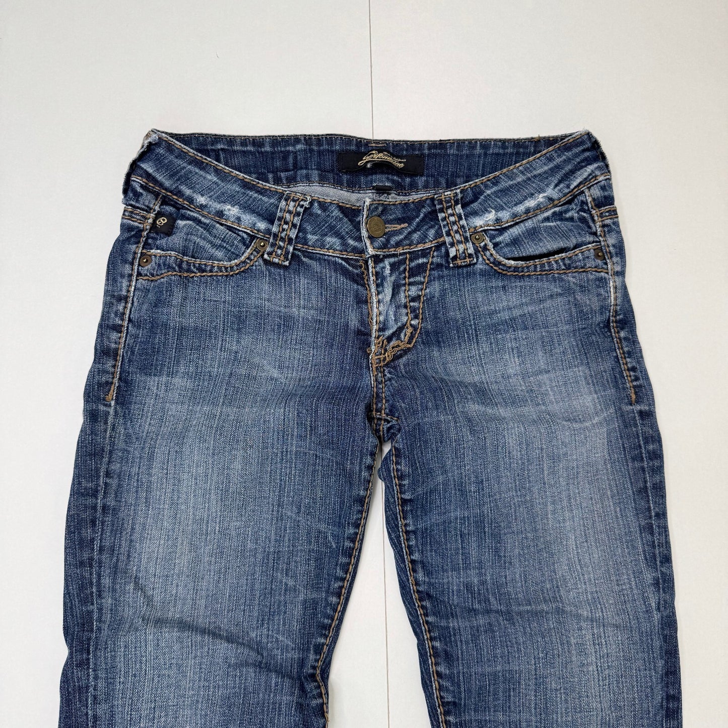 Y2K vintage low rise bootcut denim jeans mid blue faded wash studded distressed