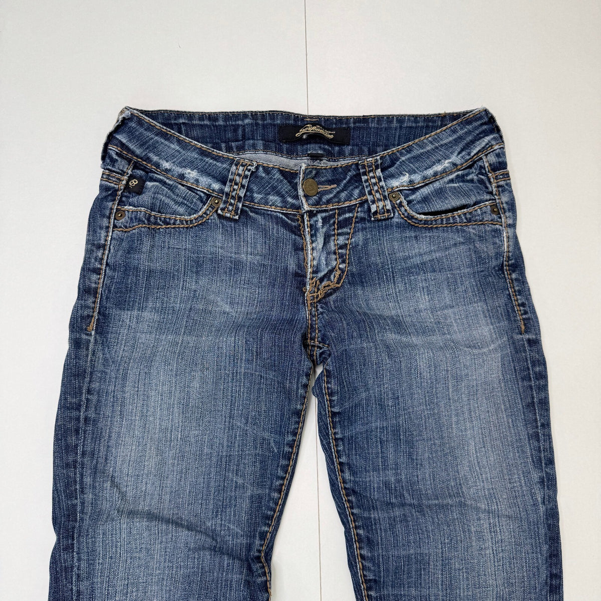 Y2K vintage low rise bootcut denim jeans mid blue faded wash studded distressed